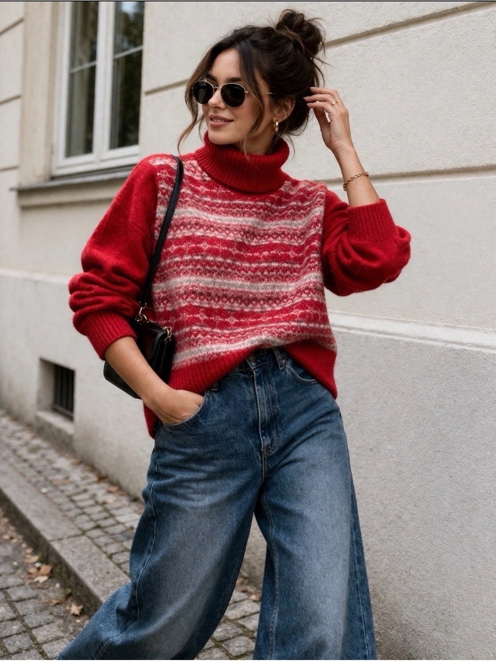 Cozy Red Fair Isle Turtleneck Sweater – Soft Wool Blend with Angora, Size XL